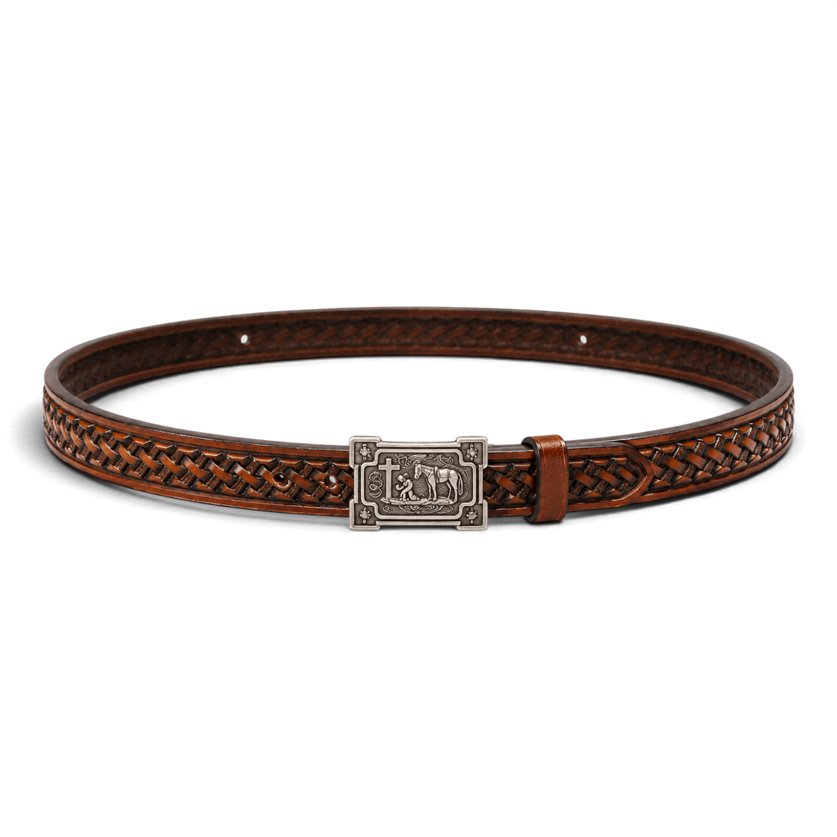 3D HATBAND 5/8 BASKETWEAVE COWBOY PRAYER BUCKLE BROWN