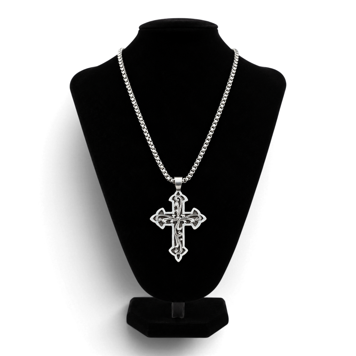 SILVER STRIKE MENS NECKLACE 24" FILIGREE CROSS SILVER