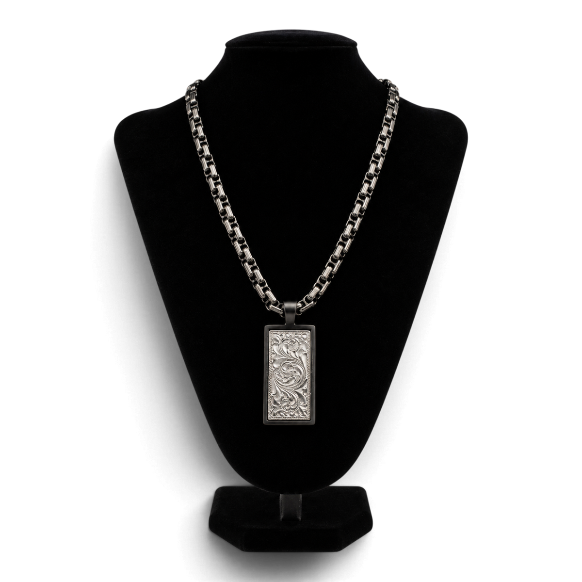 SILVER STRIKE MENS NECKLACE 24" ENGRAVED SCROLLING BLACK