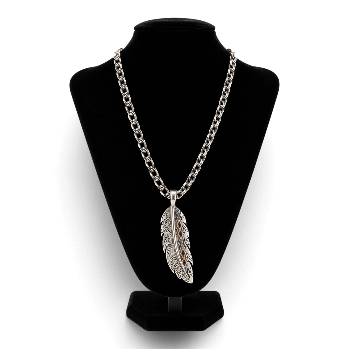 SILVER STRIKE MENS NECKLACE 24" ENGRAVED FEATHER