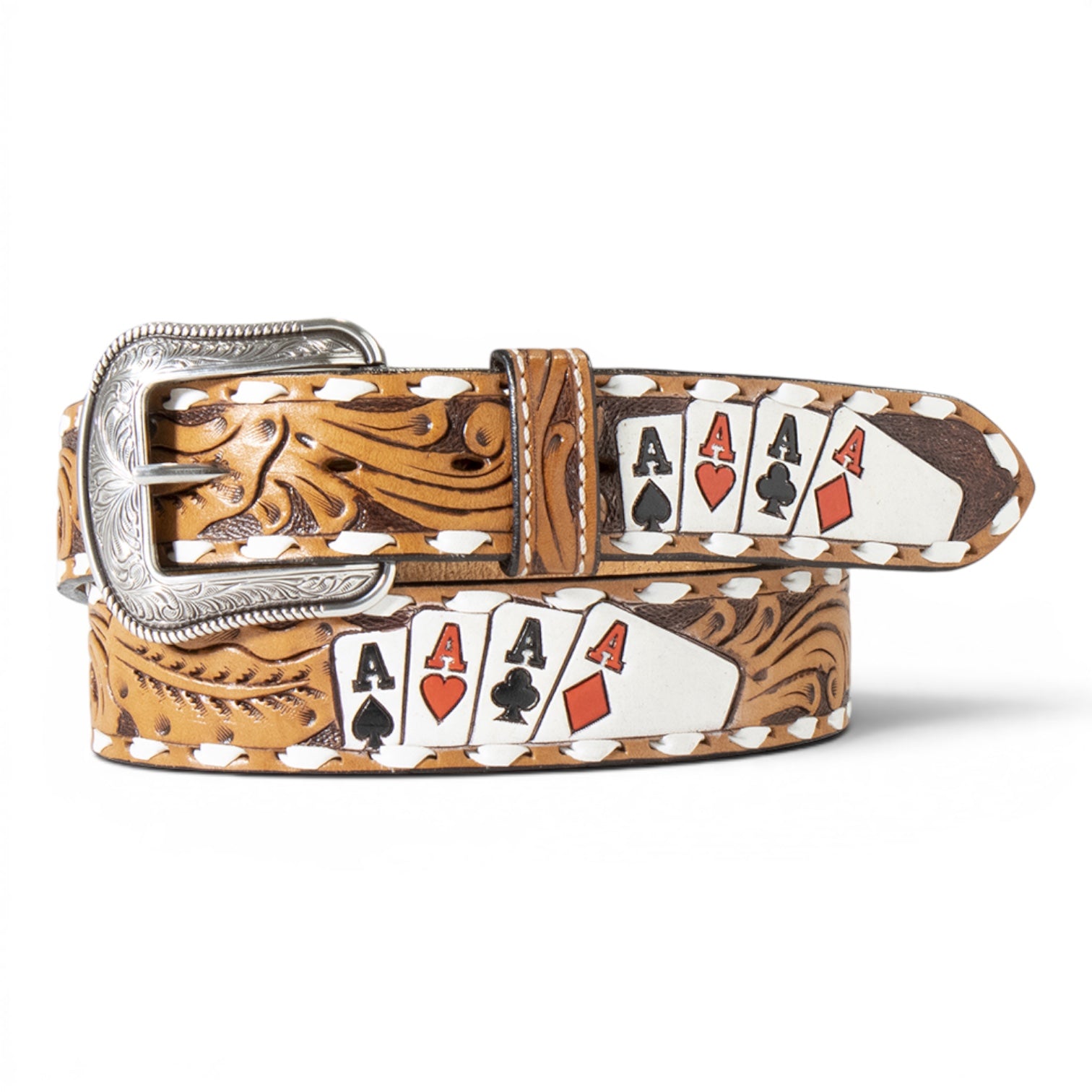 3D MENS BELT 1 1/2" HAND PAINTED ACE CARDS NATURAL