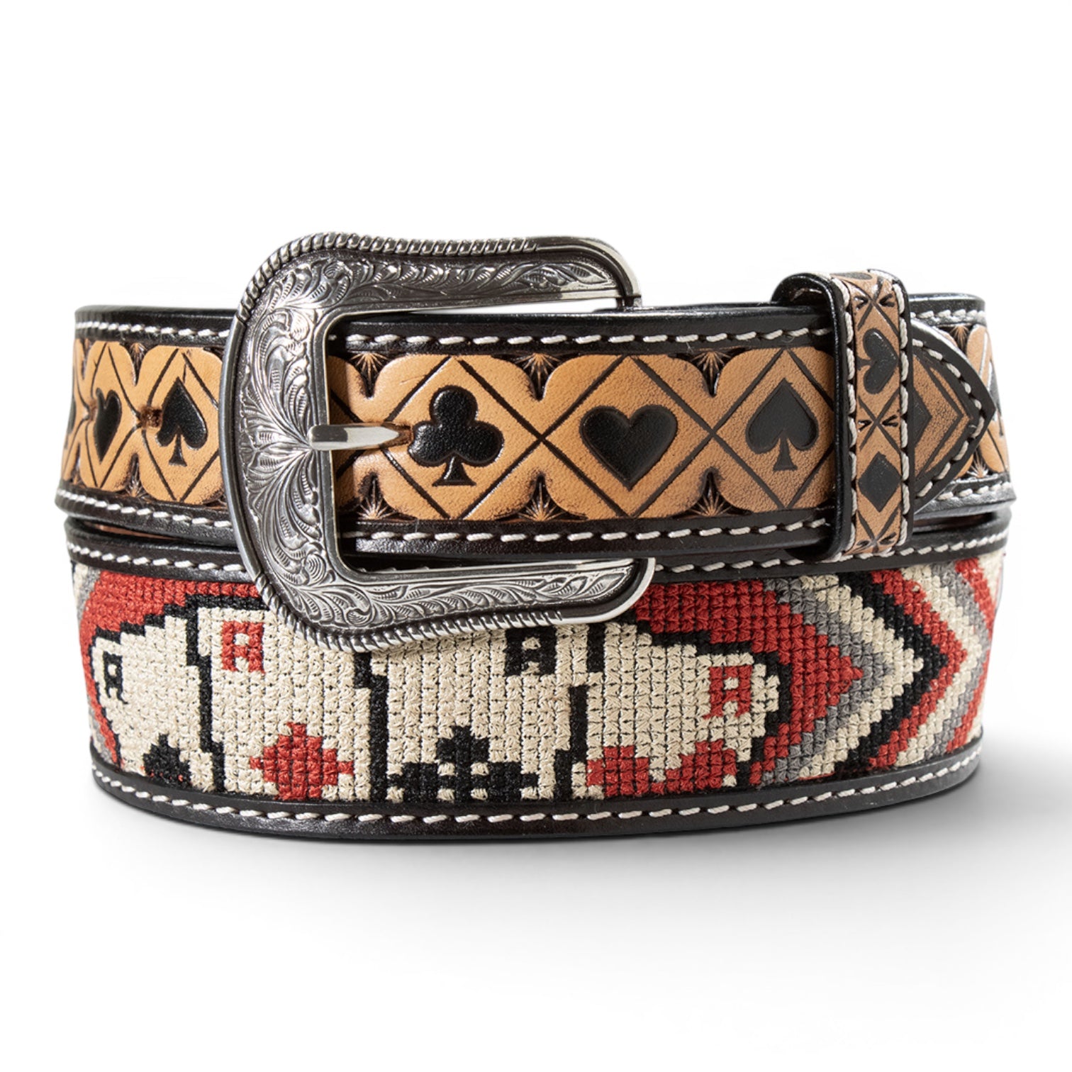 3D MENS BELT 1 3/4-1 1/2 ACES EMBROIDERED RED
