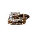 Brown calf hair ladies belt with large iridescent crystals, silver studs, and a decorative buckle.