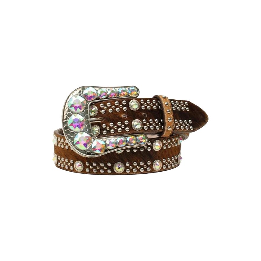 Brown calf hair ladies belt with large iridescent crystals, silver studs, and a decorative buckle.
