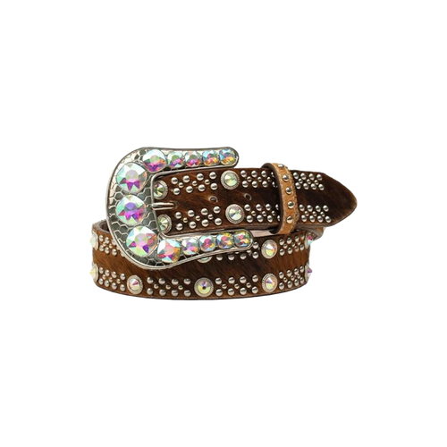 Brown calf hair ladies belt with large iridescent crystals, silver studs, and a decorative buckle.
