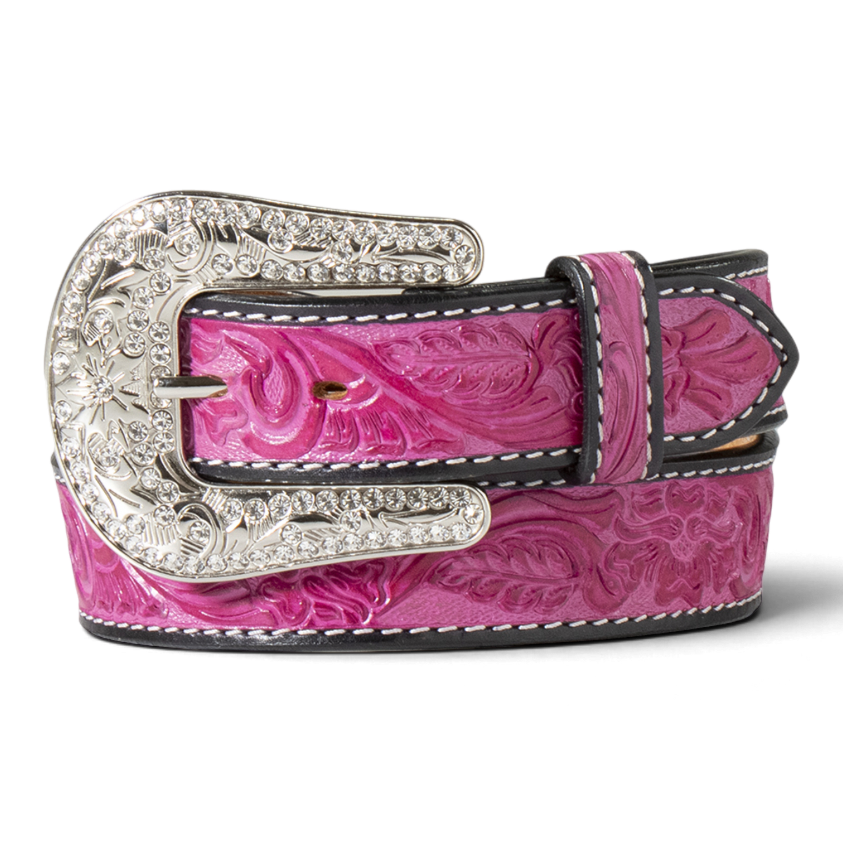 ANGEL RANCH LADIES BELT 1 1/2" HAND TOOLED FLORAL BLACK PINK
