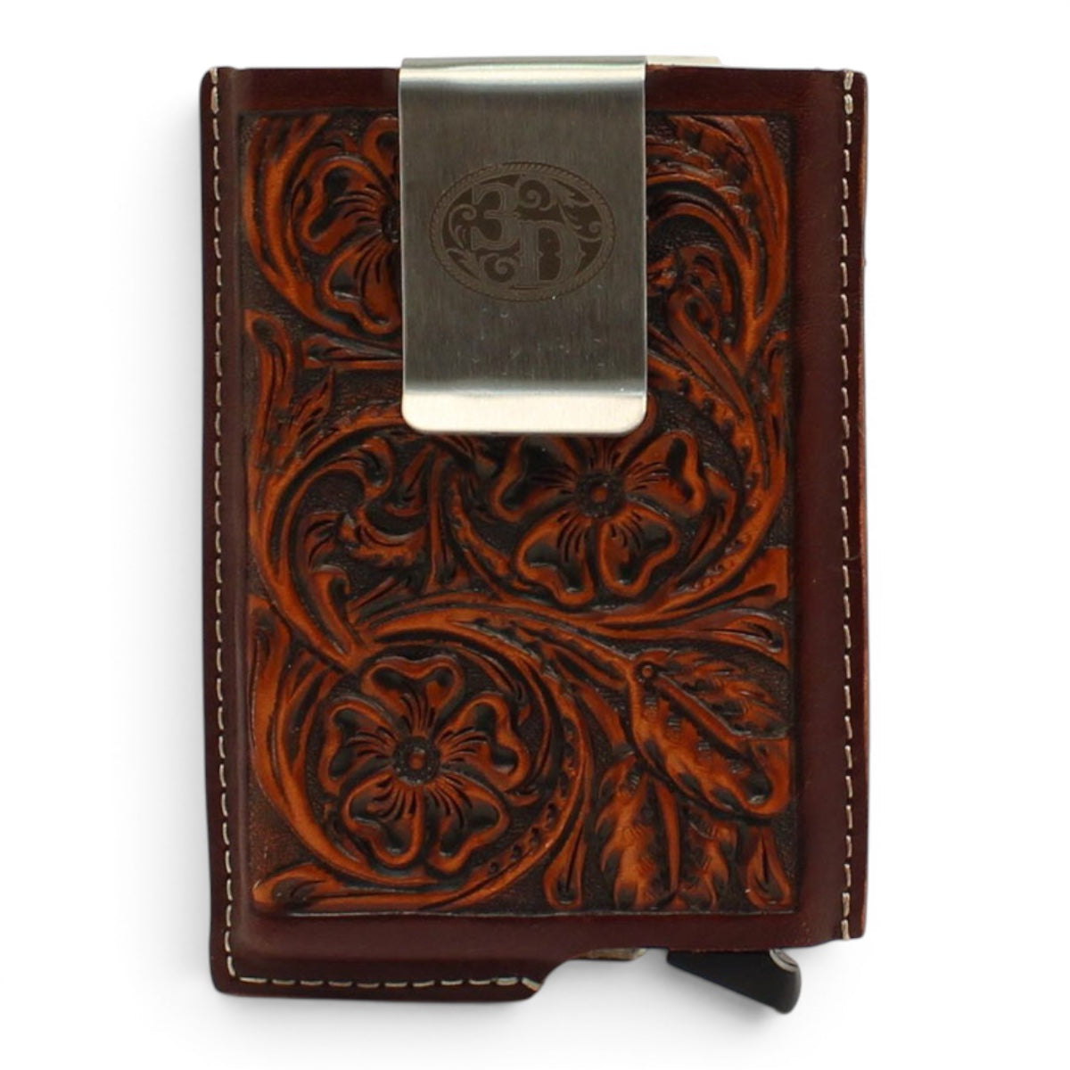 3D MENS SMART WALLET TOOLED BROWN
