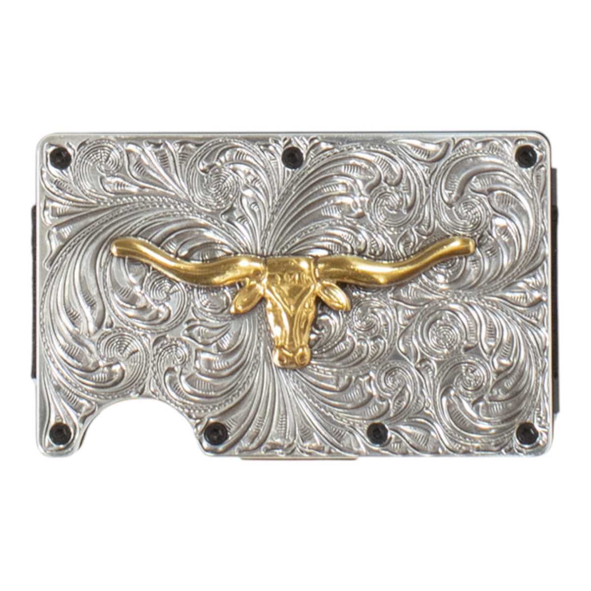 3D MENS UTILITY WALLET GOLD LONG HORN MOTIF SILVER