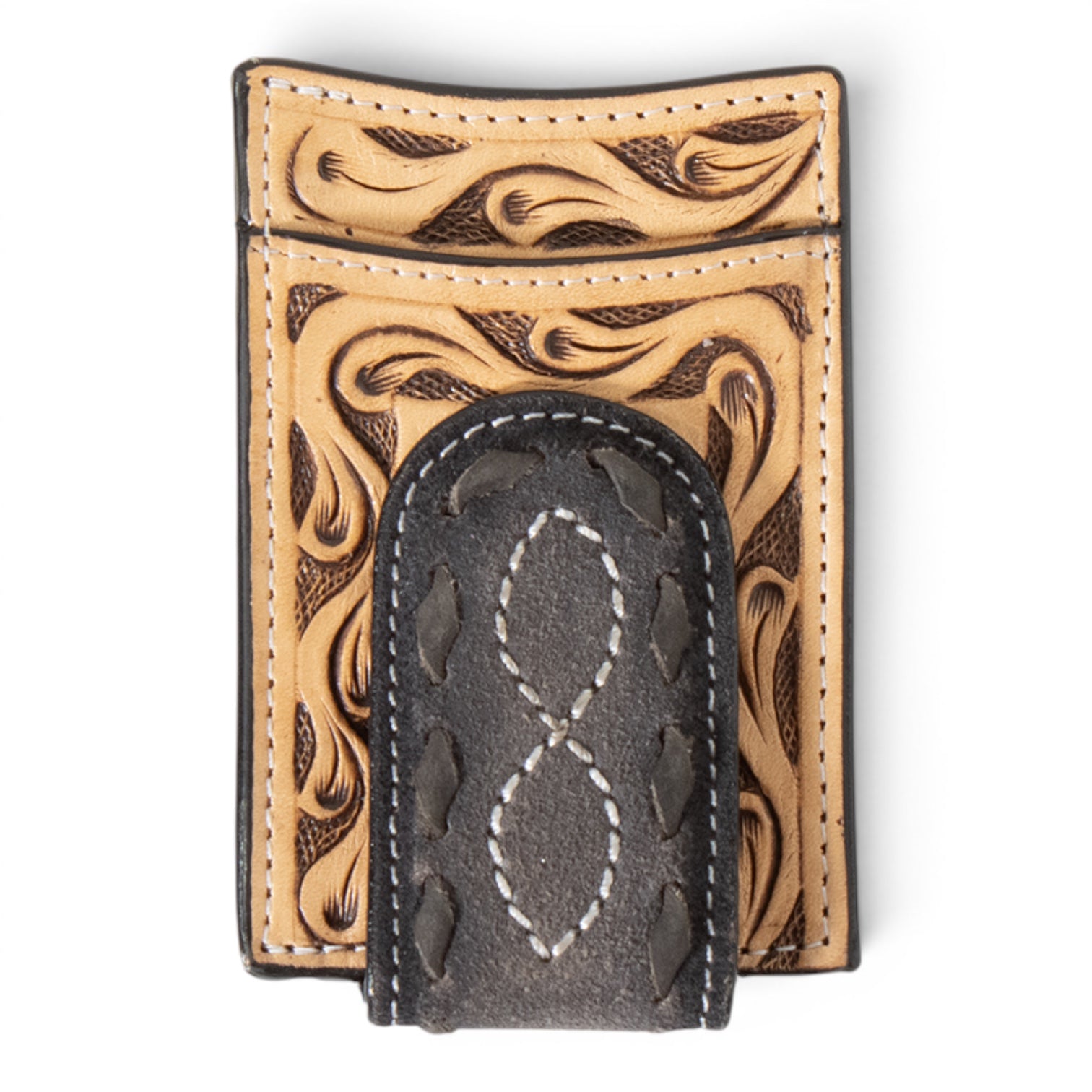 3D Men's Money Clip Wallet – Hand Tooled Floral Buck Lace Black Brown