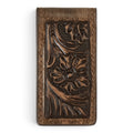 3D MENS MONEY CLIP MAGNETIC CLIP FLORAL EMBOSSED BROWN