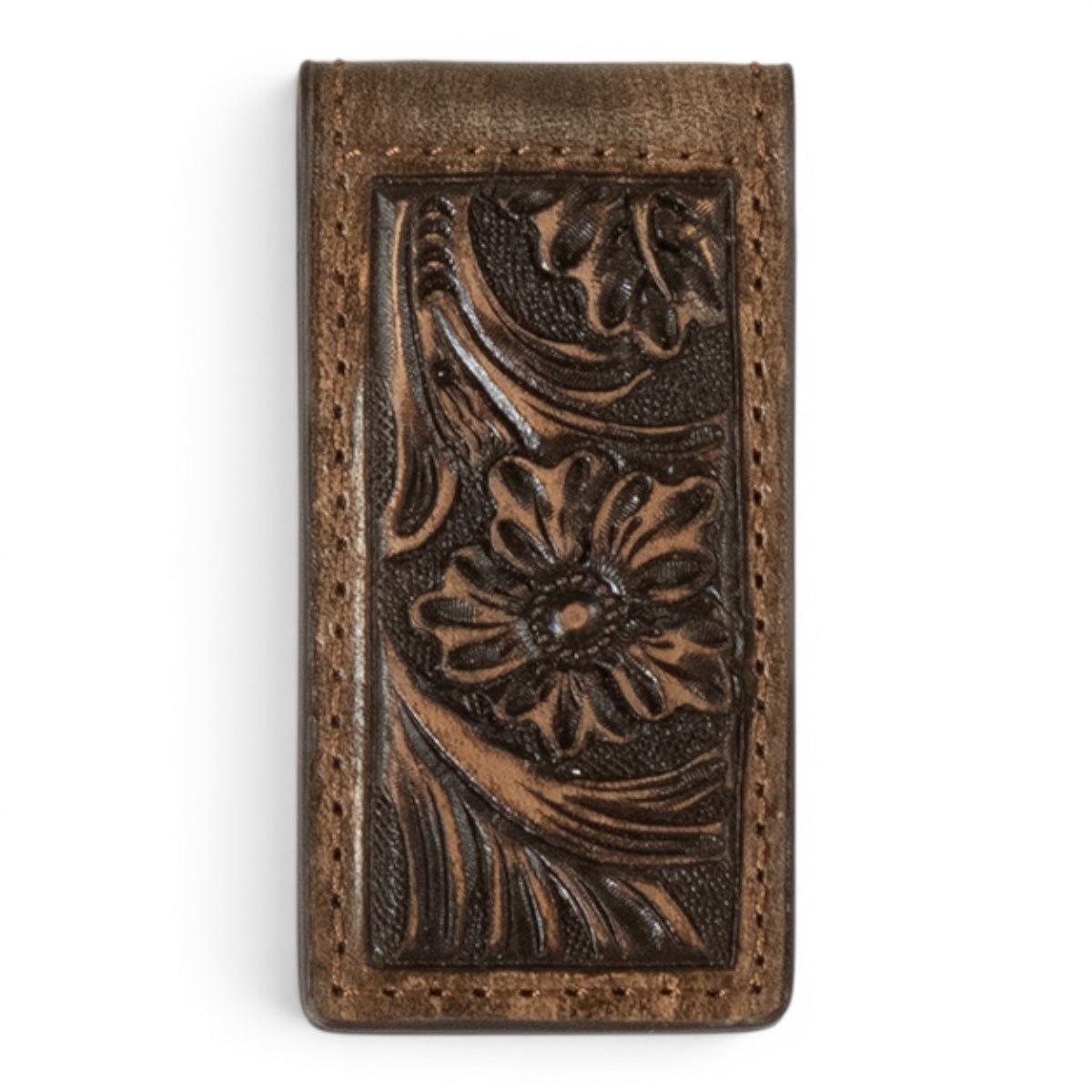 3D MENS MONEY CLIP MAGNETIC CLIP FLORAL EMBOSSED BROWN
