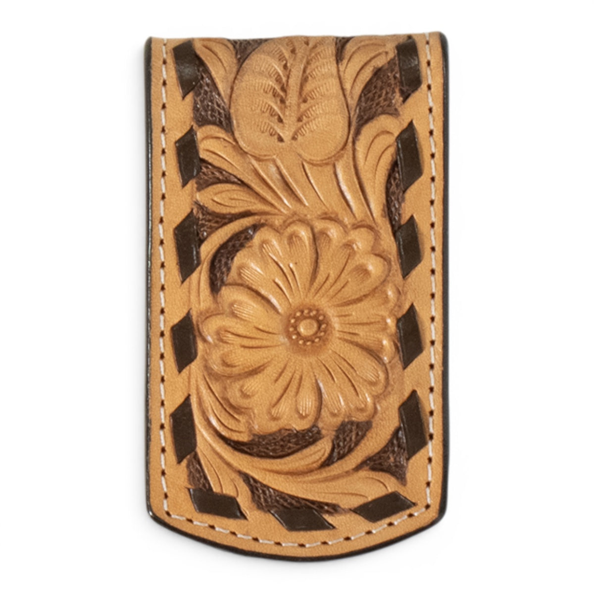 3D MENS MONEY CLIP MAGNETIC FLORAL TOOLED TAN