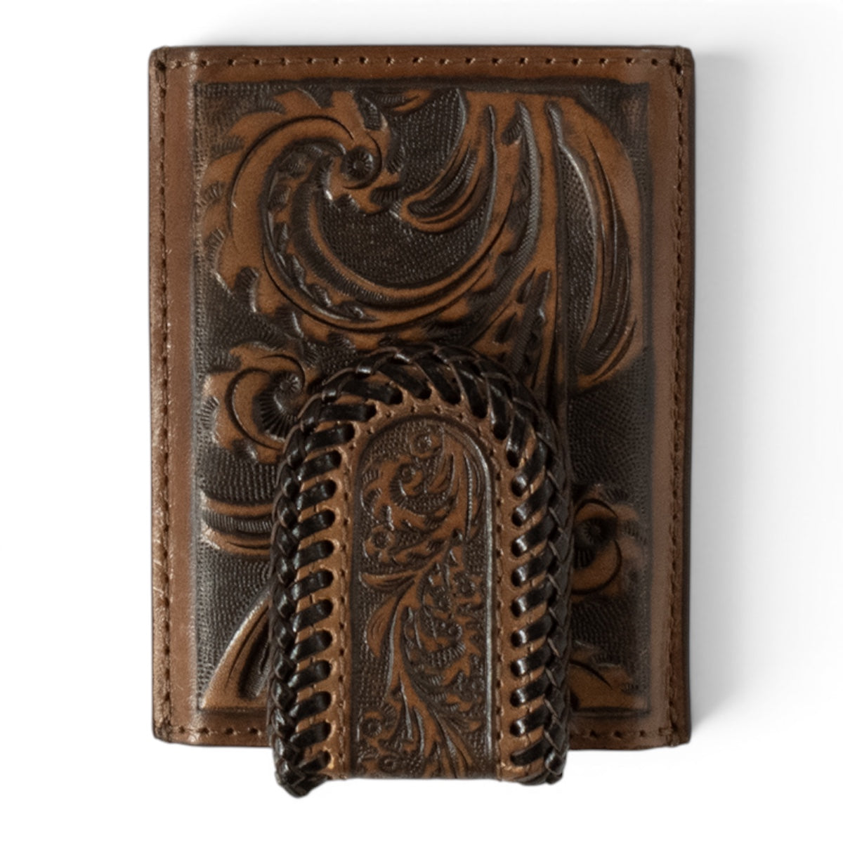 3D MENS UTILITY WALLET SCROLL EMBOSSED EDGE LACE BROWN