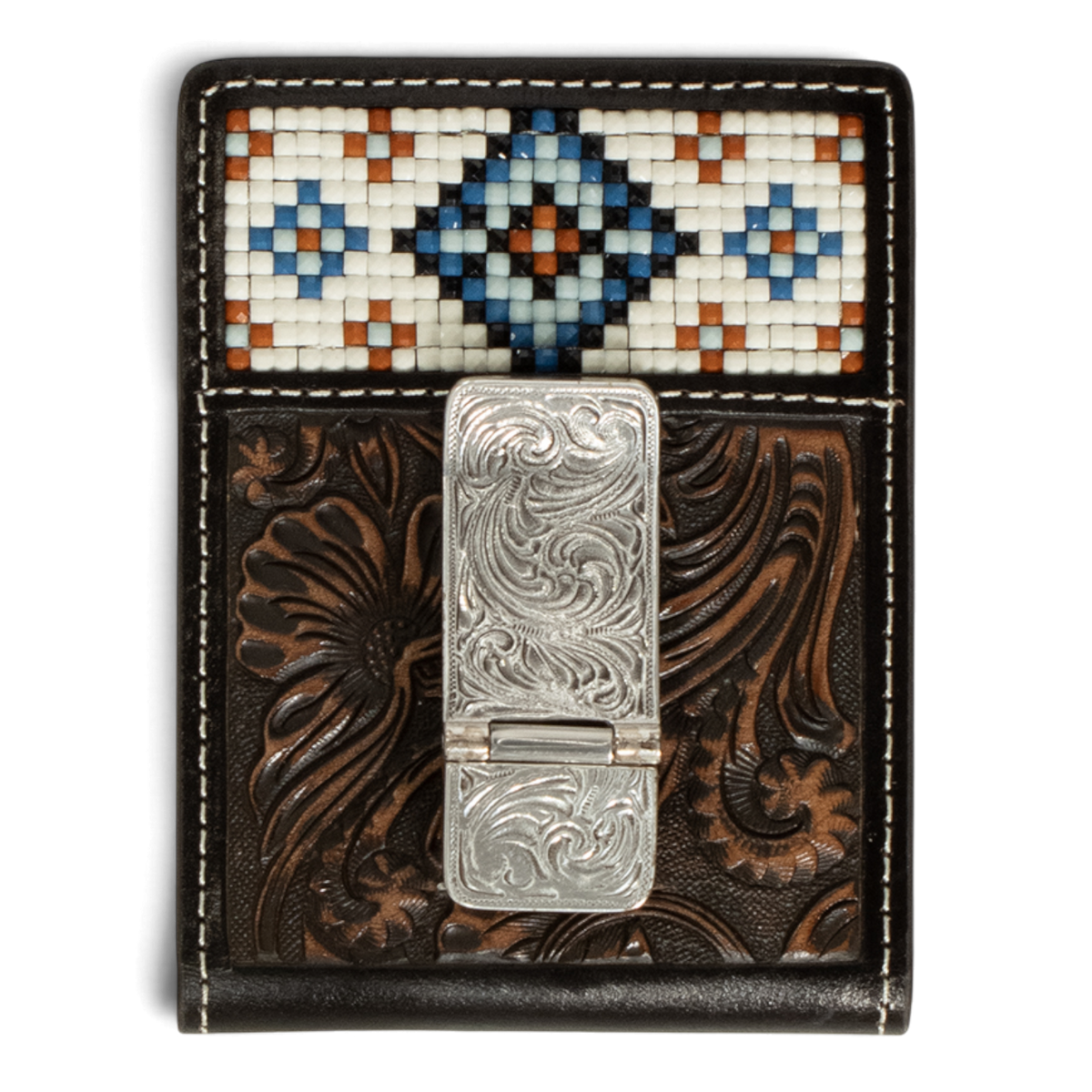 3D MENS BIFOLD STYLE WALLET MONEY CLIP RESIN BEAD INLAY BLACK BROWN