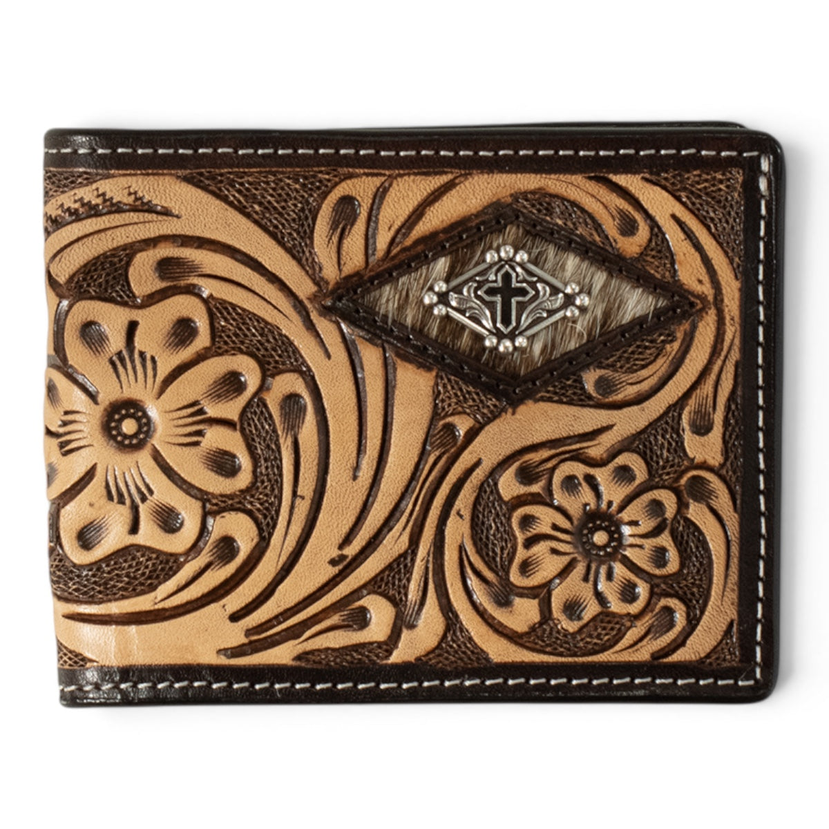 3D MENS BIFOLD WITH PASSCASE STYLE WALLET HAND TOOLED FLORAL DIAMOND CALF HAIR BROWN