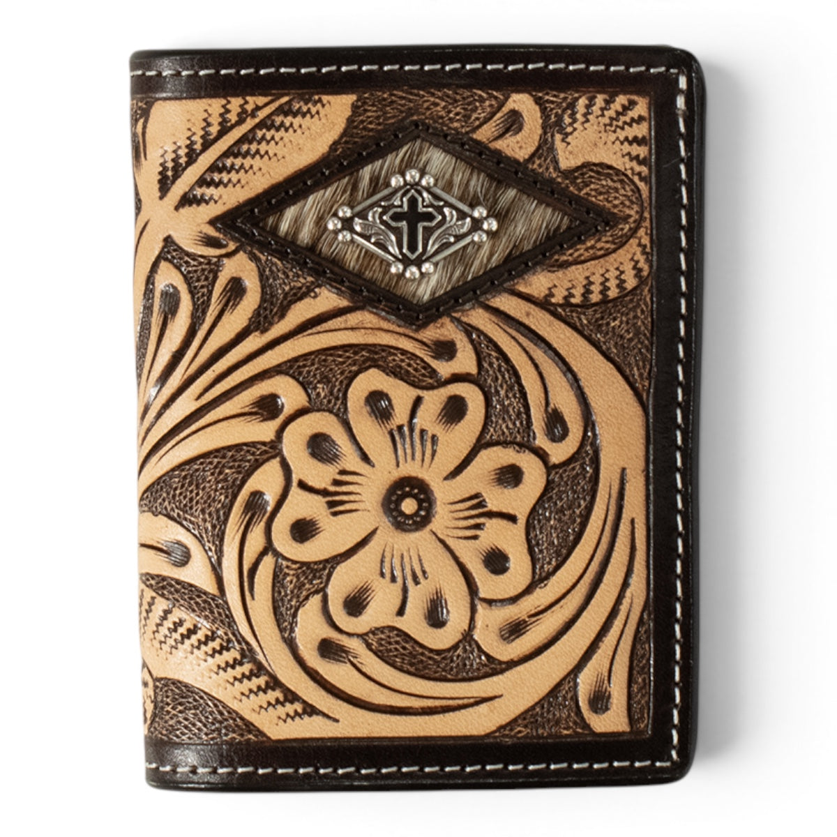 3D MENS TRIFOLD STYLE WALLET HAND TOOLED FLORAL DIAMOND CALF HAIR BROWN