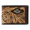 3D MENS BIFOLD MONEY CLIP STYLE WALLET HAND TOOLED FLORAL DIAMOND CALF HAIR BROWN