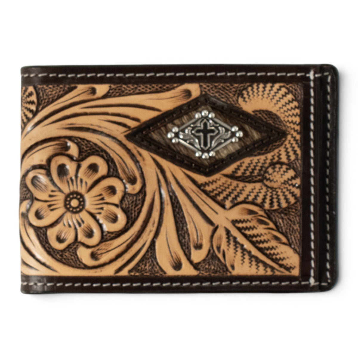 3D MENS BIFOLD MONEY CLIP STYLE WALLET HAND TOOLED FLORAL DIAMOND CALF HAIR BROWN