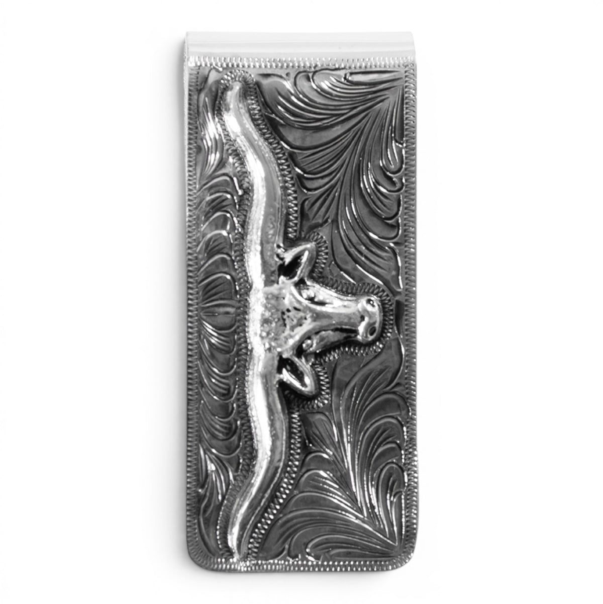 3D MENS METAL MONEY CLIP LONG HORN SILVER