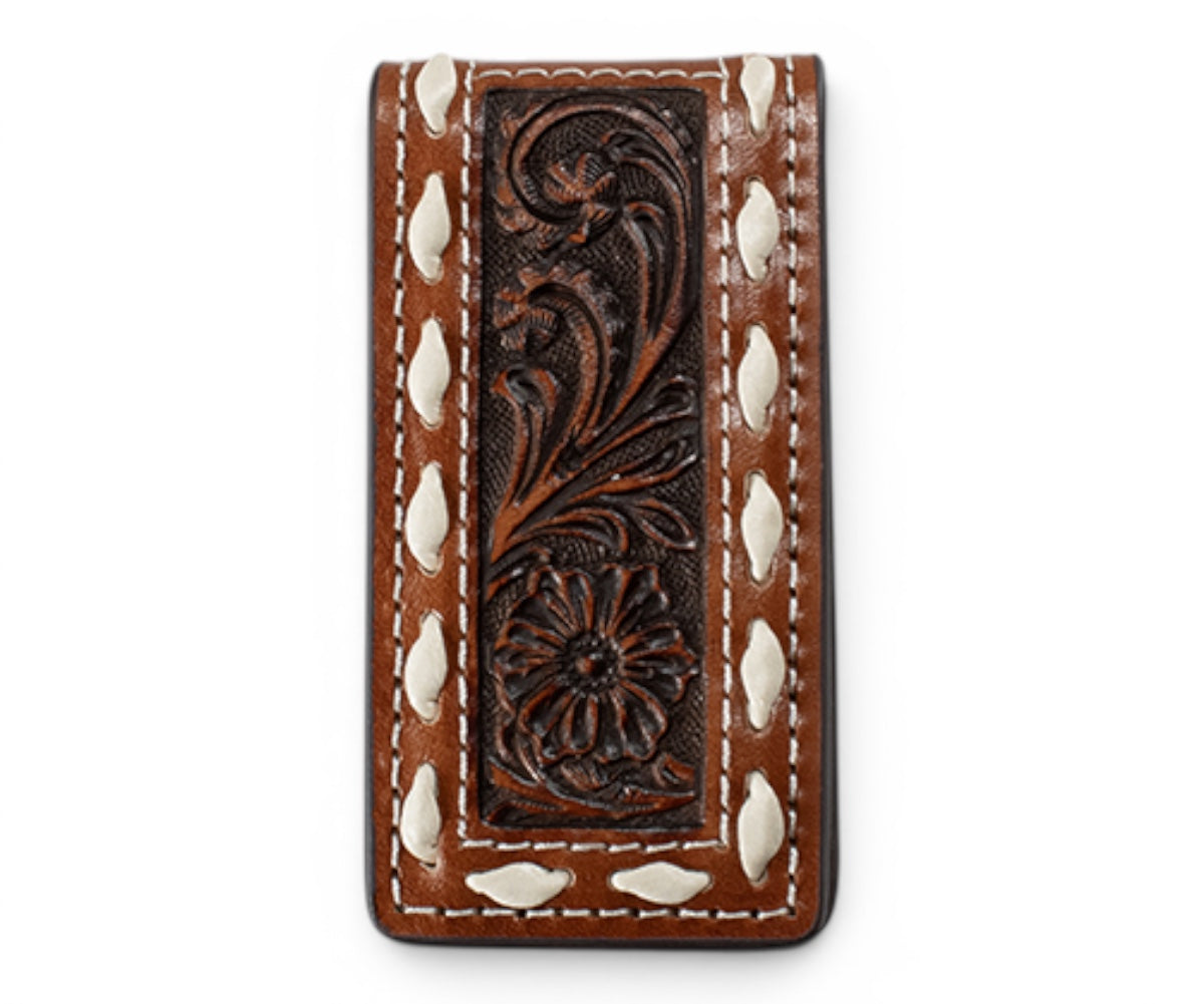 3D MENS MONEY CLIP FLORAL EMBOSSED BROWN
