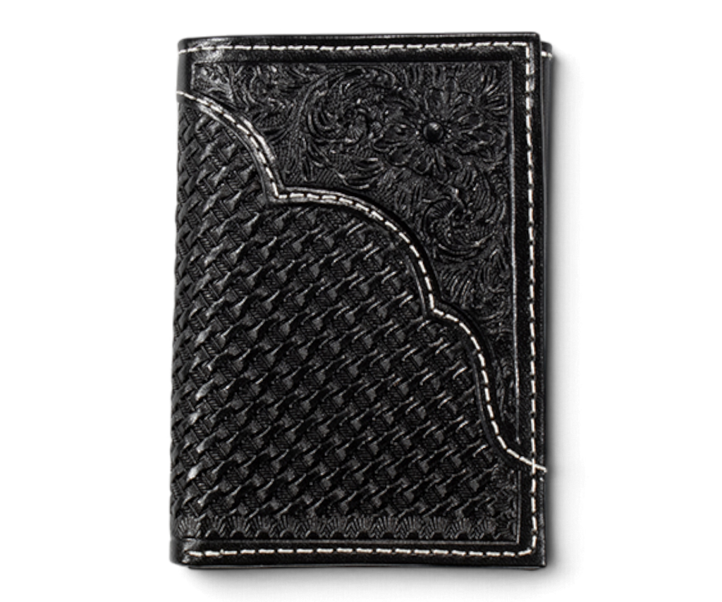 3D MENS TRIFOLD STYLE WALLET BASKET WEAVE OVERLAY BLACK