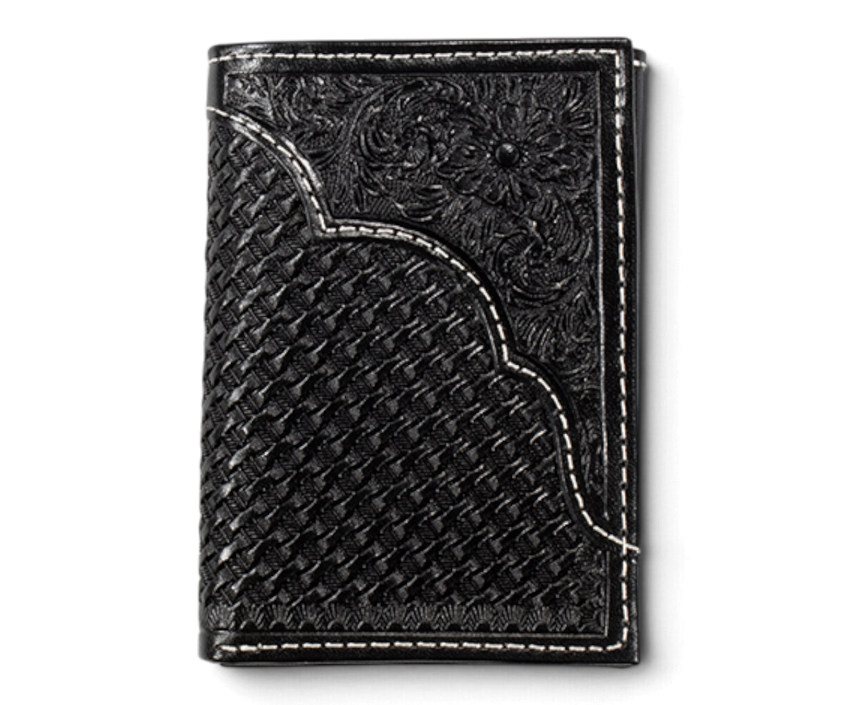 3D MENS TRIFOLD STYLE WALLET BASKET WEAVE OVERLAY BLACK