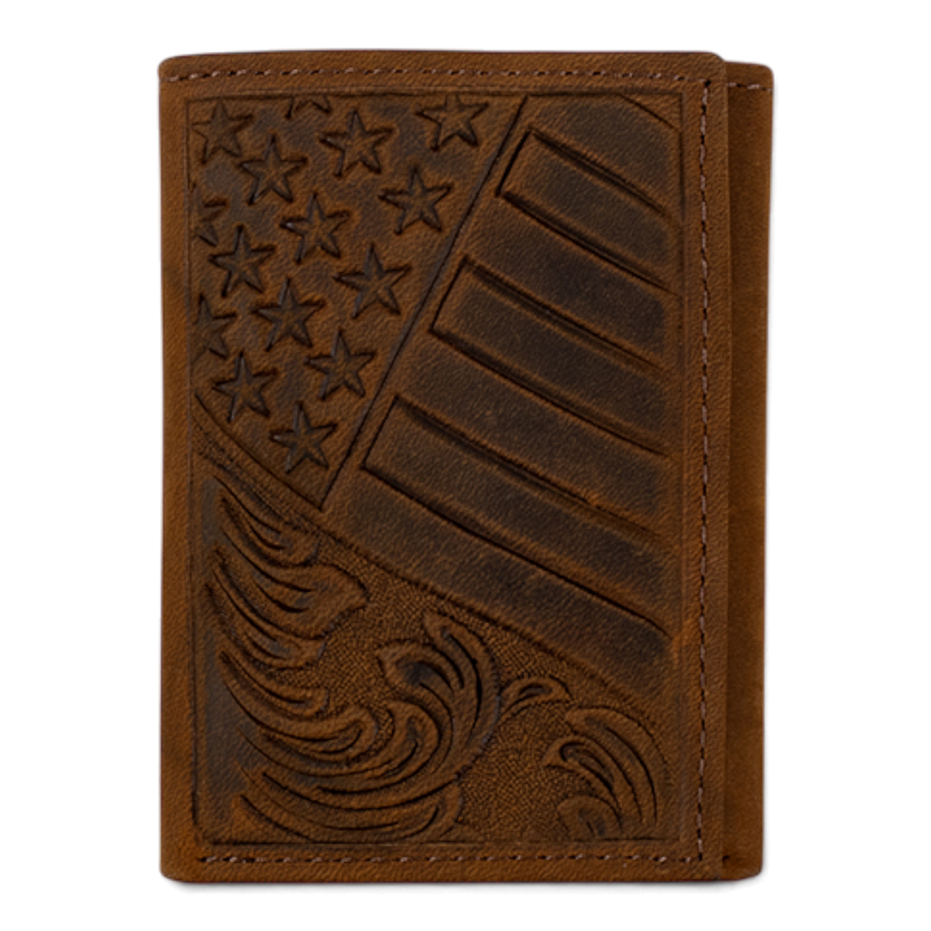 3D MENS TRIFOLD STYLE WALLET AMERICAN FLAG EMBOSSED MEDIUM BROWN