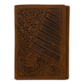 3D MENS TRIFOLD STYLE WALLET AMERICAN FLAG EMBOSSED MEDIUM BROWN