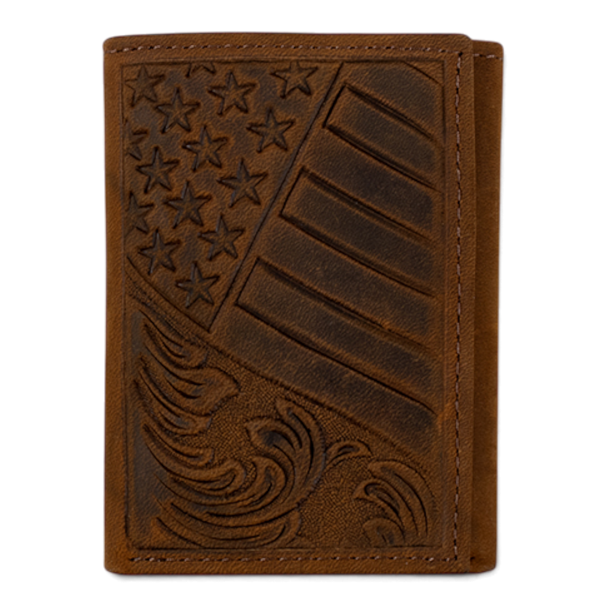 3D MENS TRIFOLD STYLE WALLET AMERICAN FLAG EMBOSSED MEDIUM BROWN