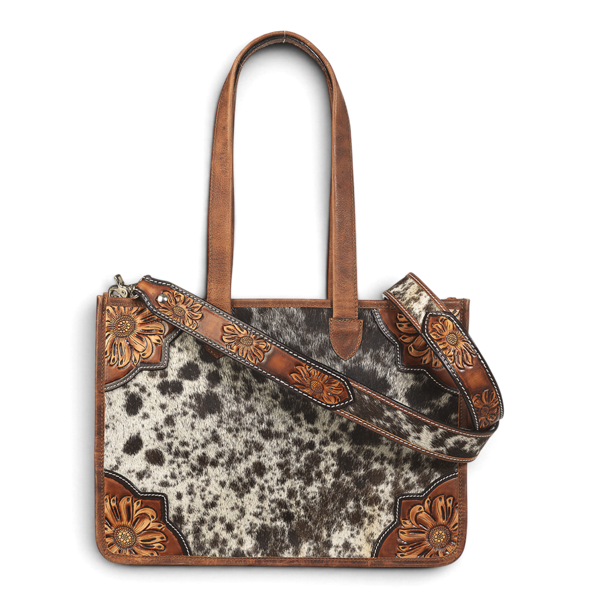 ANGEL RANCH SPOTTED CALF HAIR COLLECTION CONCEAL CARRY CROSSBODY TOTE BROWN