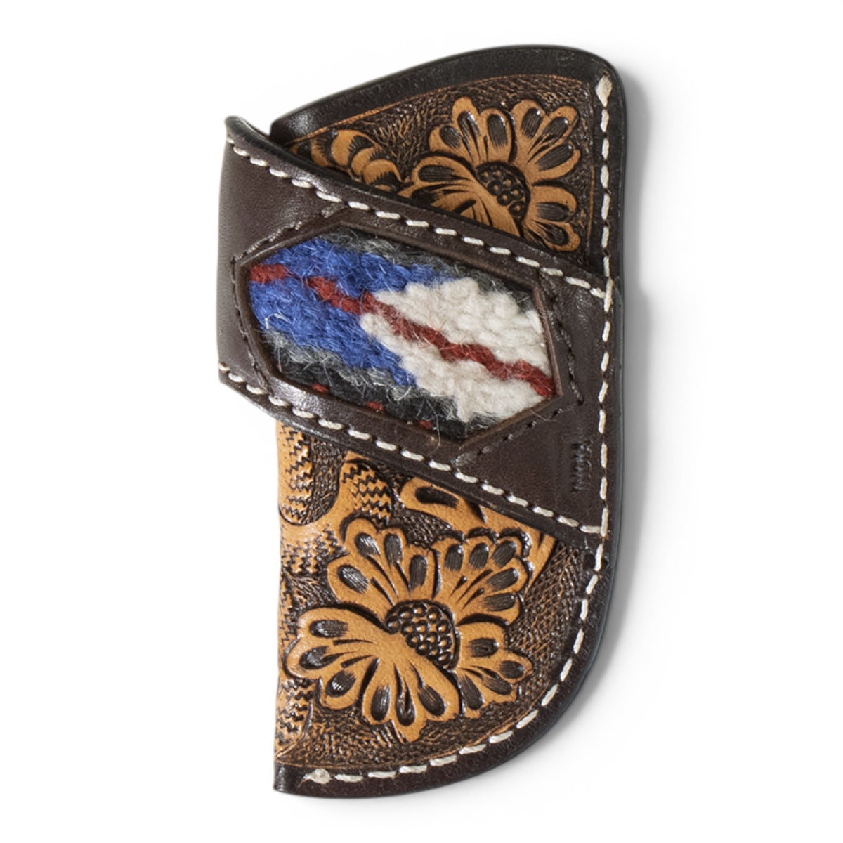 3D LEATHER KNIFE SHEATH HAND TOOLED FLORAL WOOL INLAY BROWN
