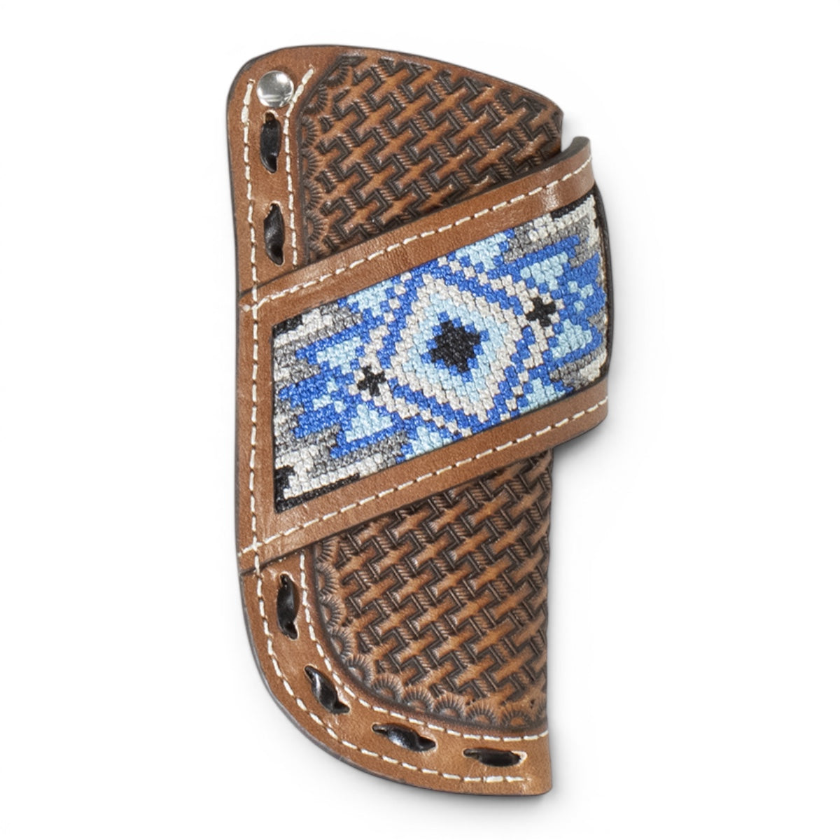 3D KNIFE SHEATH VERTICAL BLUE DIAMOND INLAY BROWN