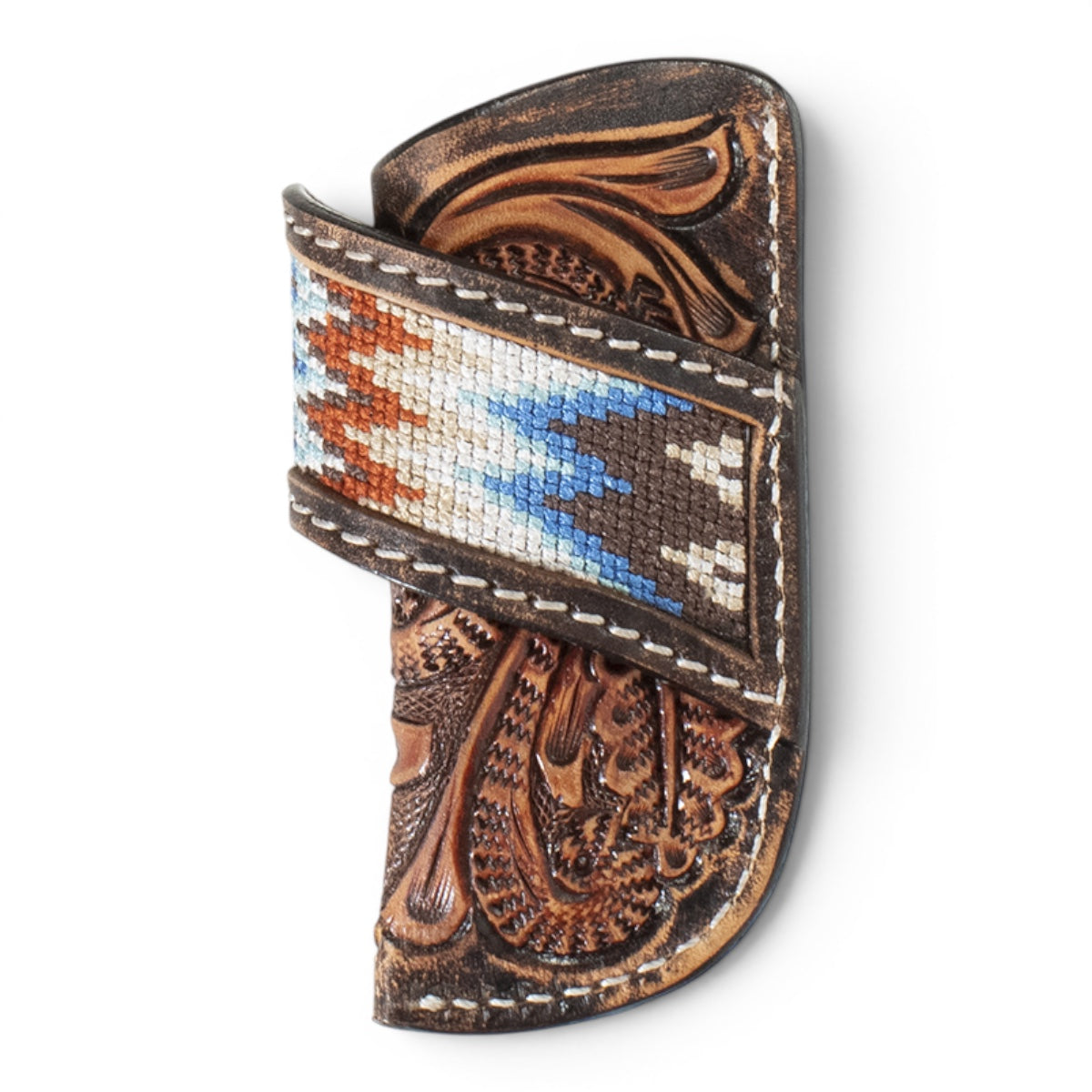3D LEATHER KNIFE SHEATH VERTICAL HAND TOOLED SCROLLING EMBROIDERED INLAY BROWN