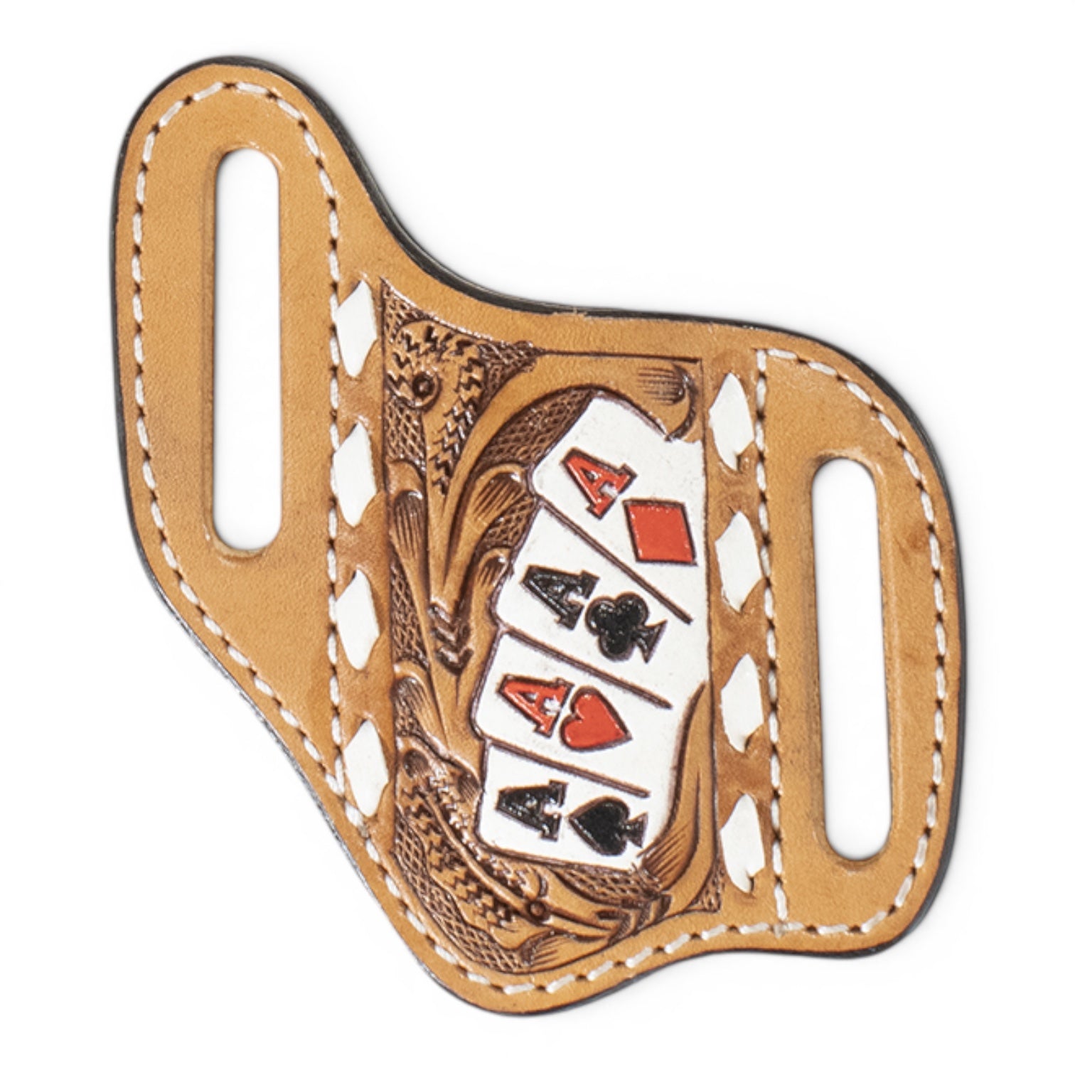 3D LEATHER KNIFE SHEATH PANCAKE HAND PAINTED ACE CARDS NATURAL