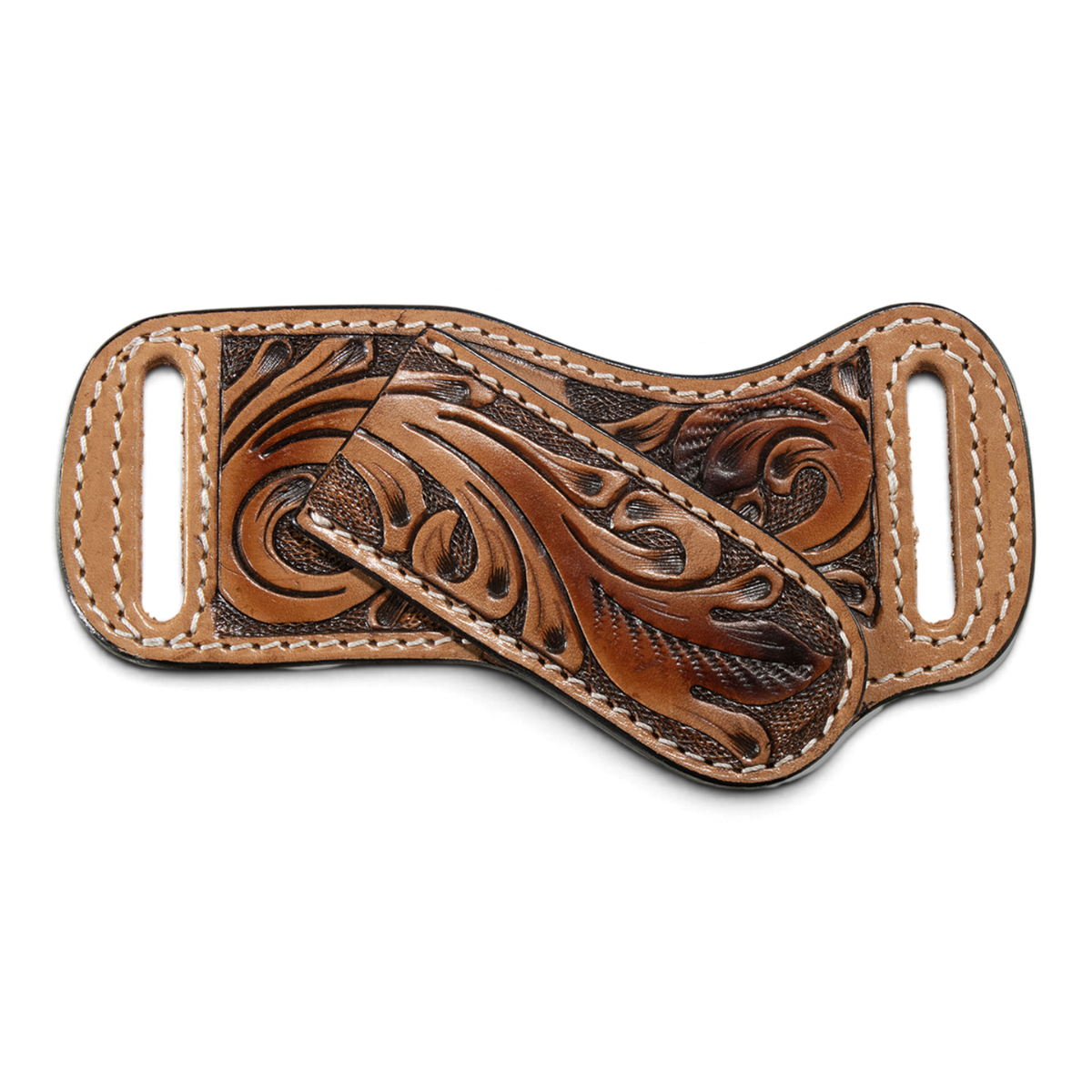3D KNIFE SHEATH PANCAKE STYLE HAND TOOLED FEATHER TAN