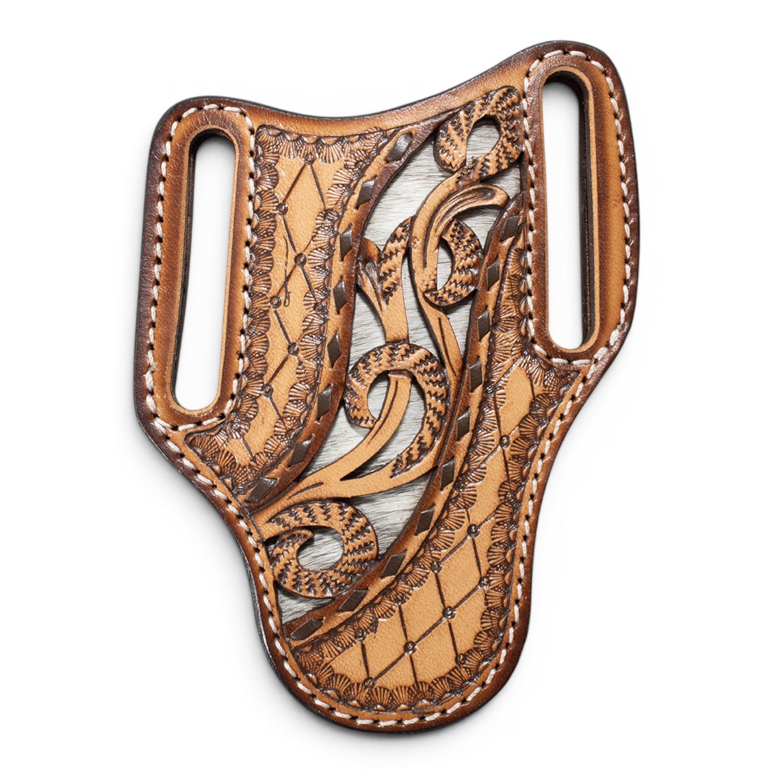 3D KNIFE SHEATH LARGE PANCAKE STYLE CALF HAIR UNDERLAY TAN