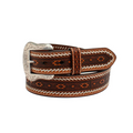 Tan genuine leather Ariat men's belt with southwestern pattern, buck stitch lacing, and removable silver buckle.