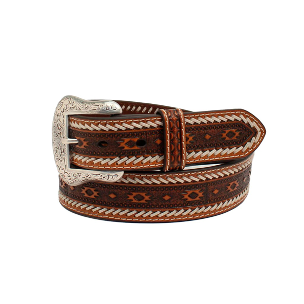 Tan genuine leather Ariat men's belt with southwestern pattern, buck stitch lacing, and removable silver buckle.