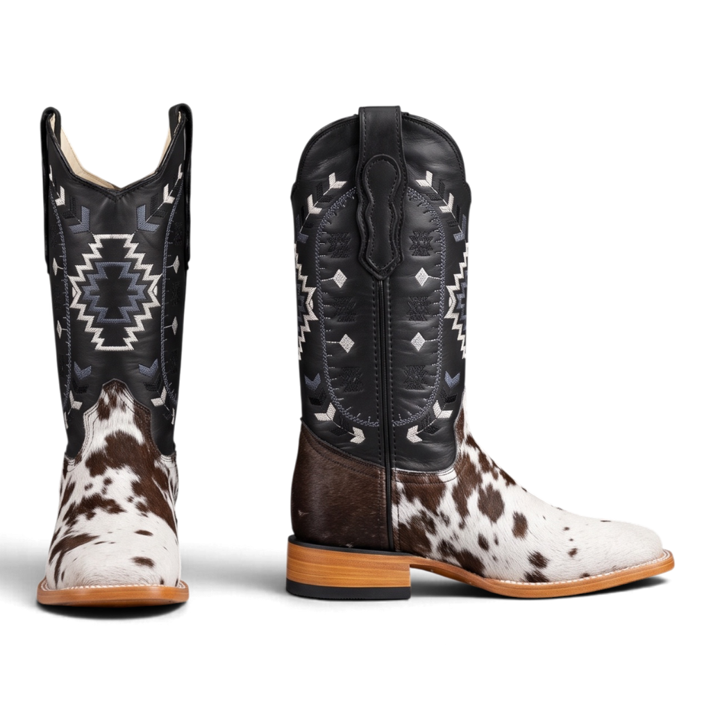 Wide Square Toe Hair-On Cowhide Western Boot — Black