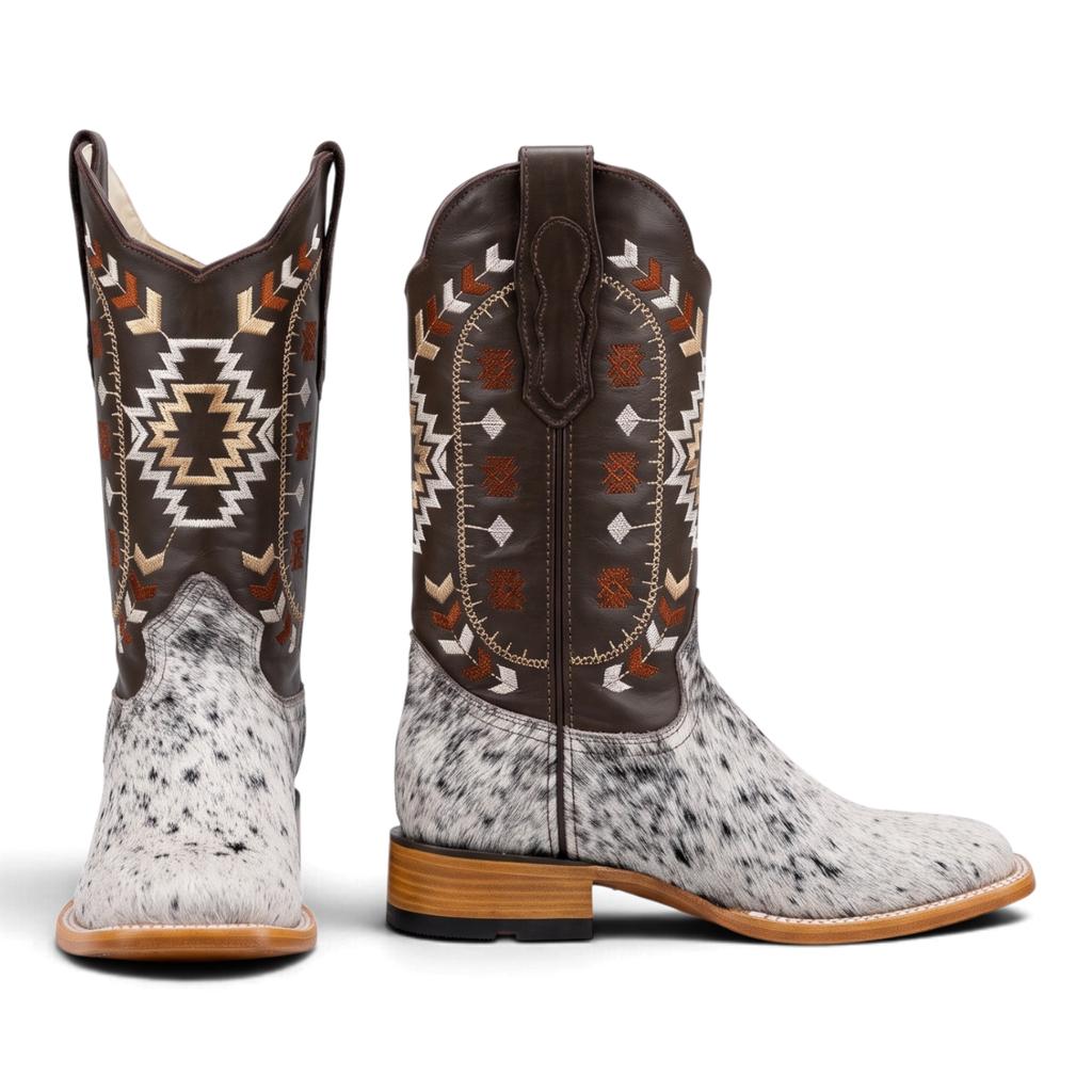 Wide Square Toe Hair-On Cowhide Western Boot — Brown