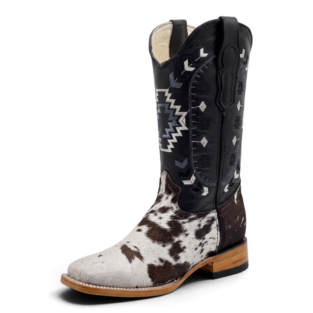 Wide Square Toe Hair-On Cowhide Western Boot — Black