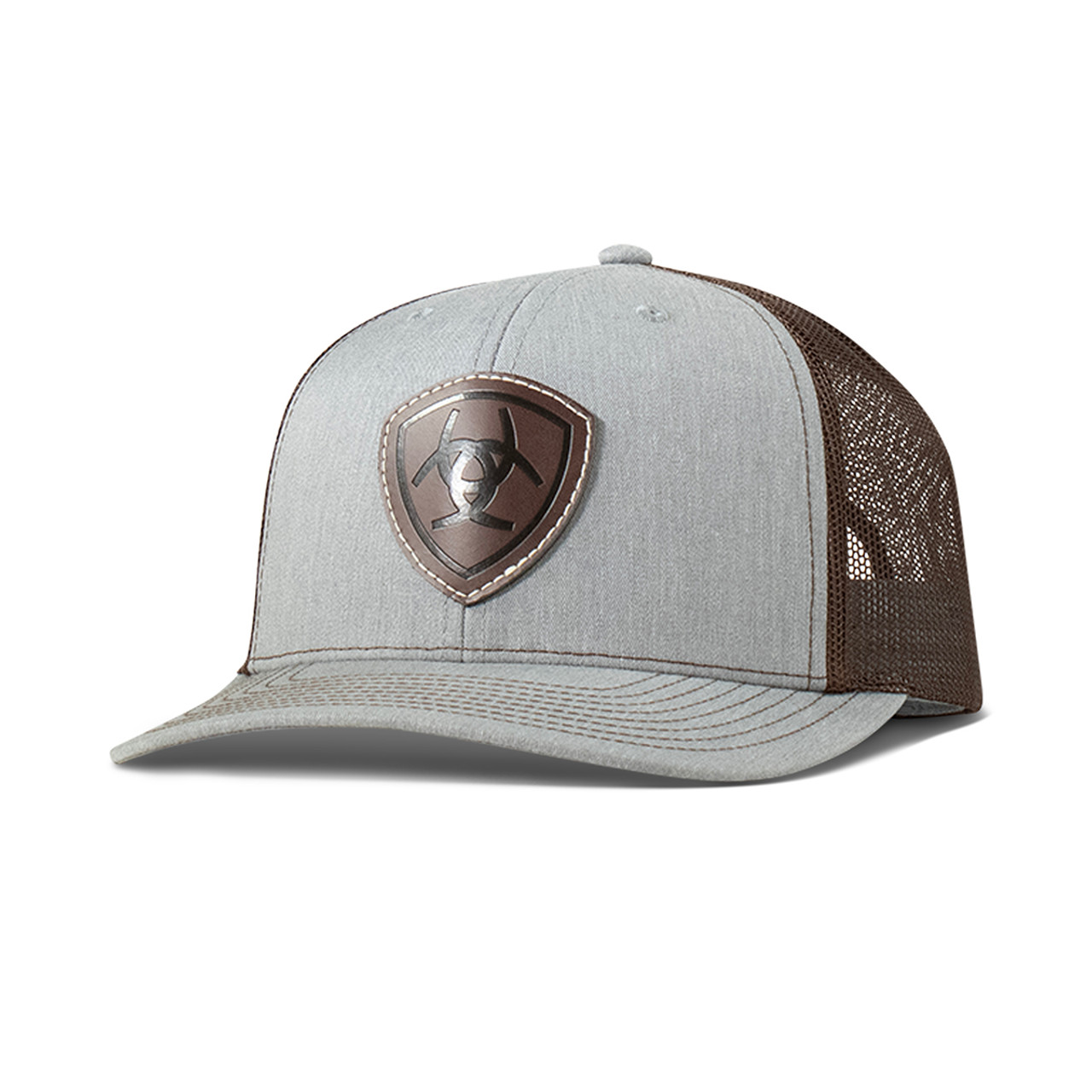 ARIAT MENS CAP R112 SNAPBACK FAUX LEATHER PATCH LIGHT GREY