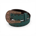 Angel Ranch ladies' turquoise leather belt with copper glitter, chocolate buck lacing, and an antique copper buckle with topaz crystals.