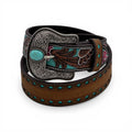 Ariat brown leather belt with turquoise diamond cutouts, pink floral billets, and an antique silver buckle with a turquoise stone.
