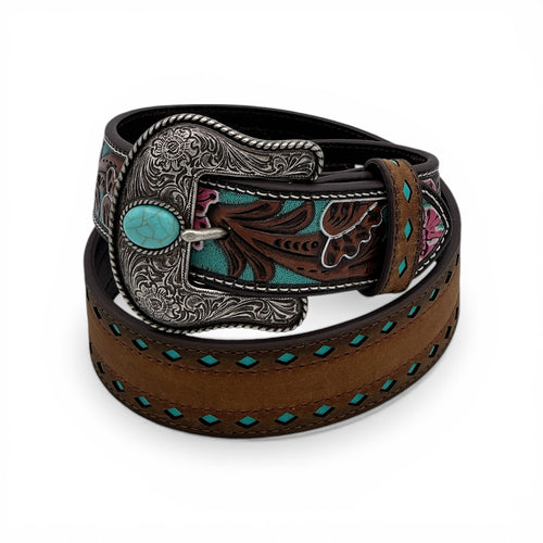 Ariat brown leather belt with turquoise diamond cutouts, pink floral billets, and an antique silver buckle with a turquoise stone.