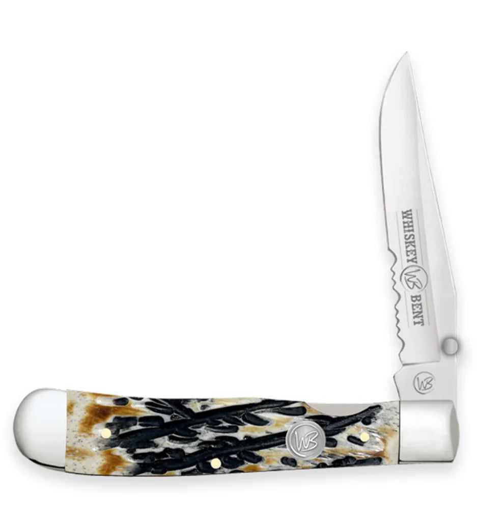 WHISKEY BENT CARVED BURNT BONE LOCKING TRAPPER KNIVES