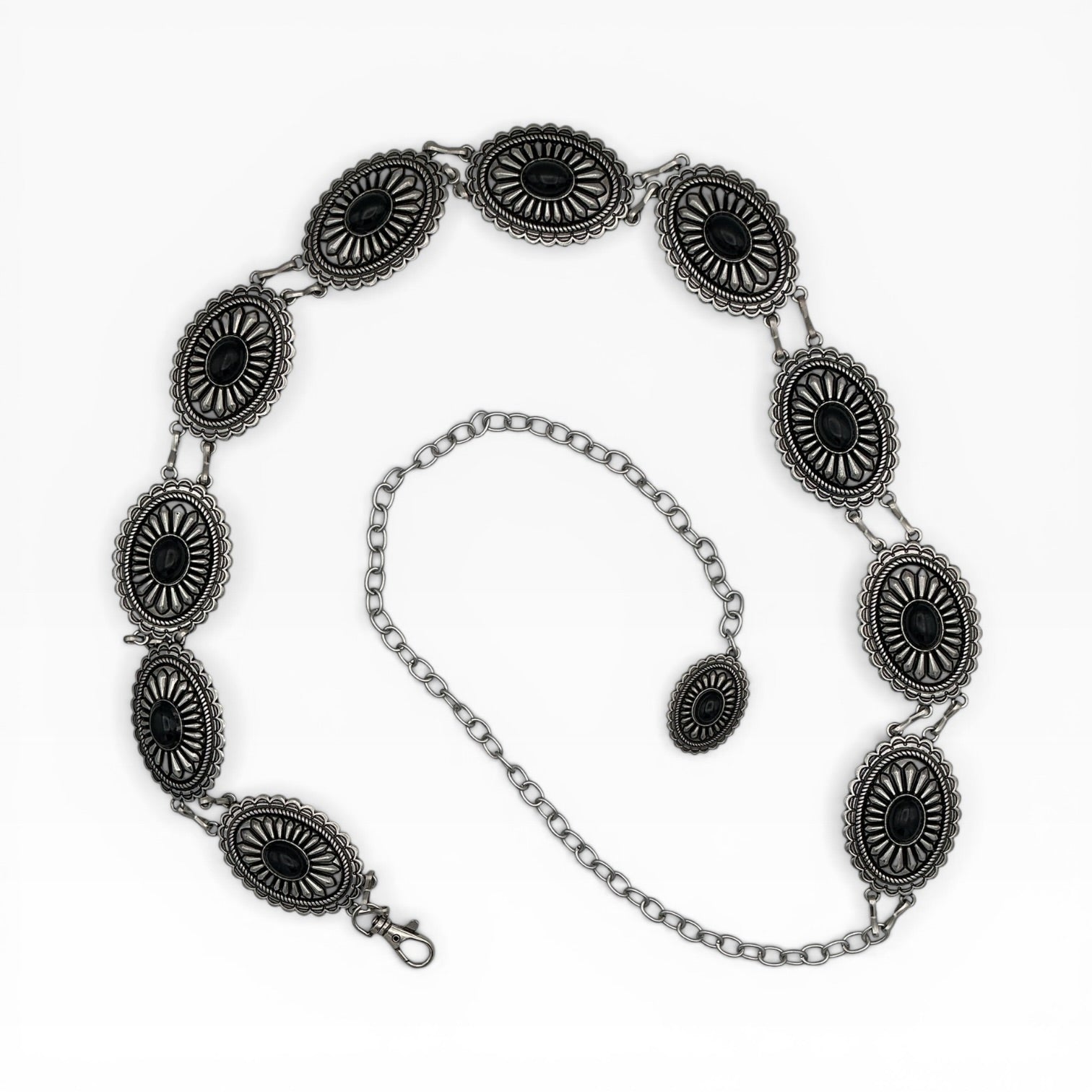 Silver Oval Concho Chain Belt with black onyx center stones and sunburst engraving.