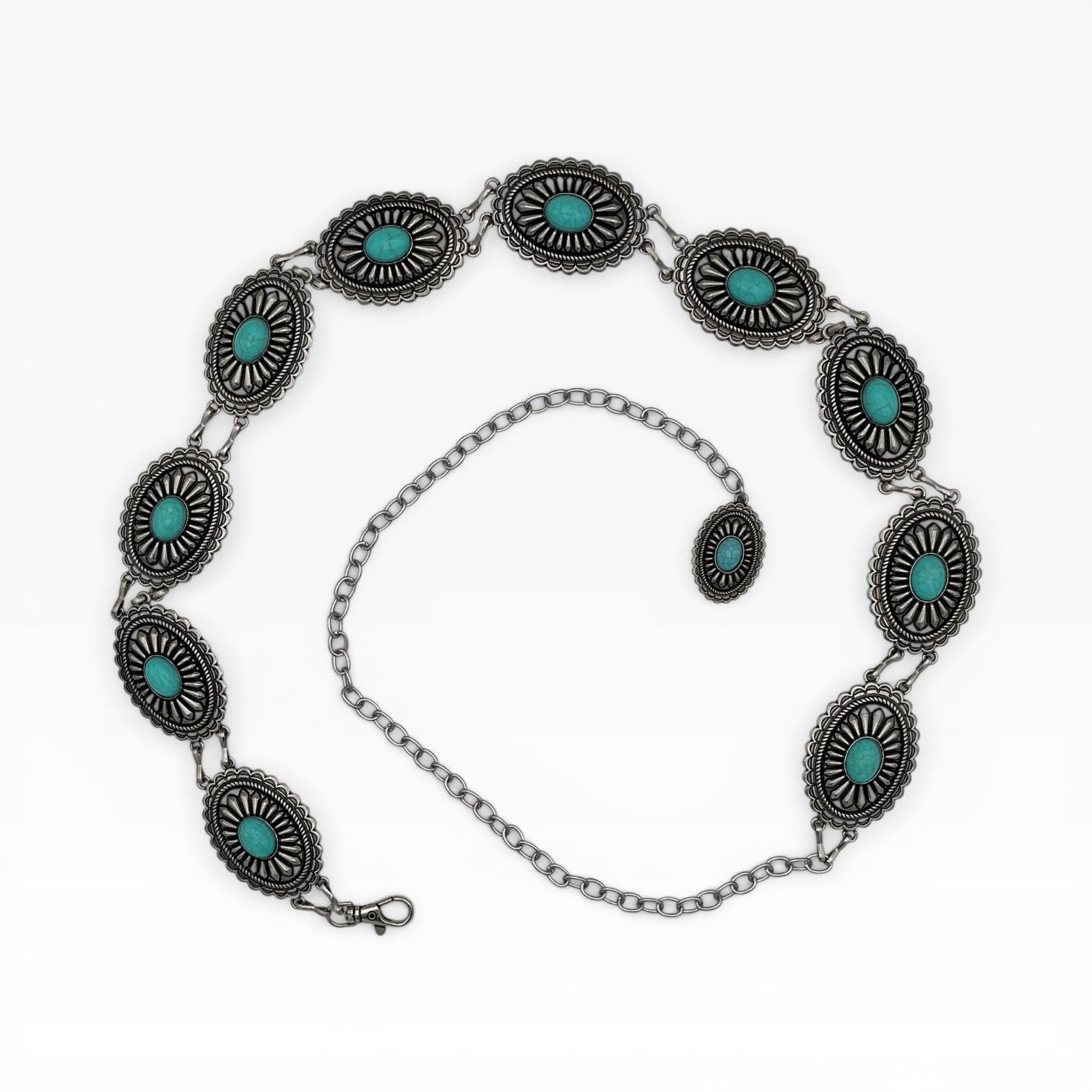 Silver oval concho chain belt with turquoise center stones, sunburst engraving, and rope-edge detailing.
