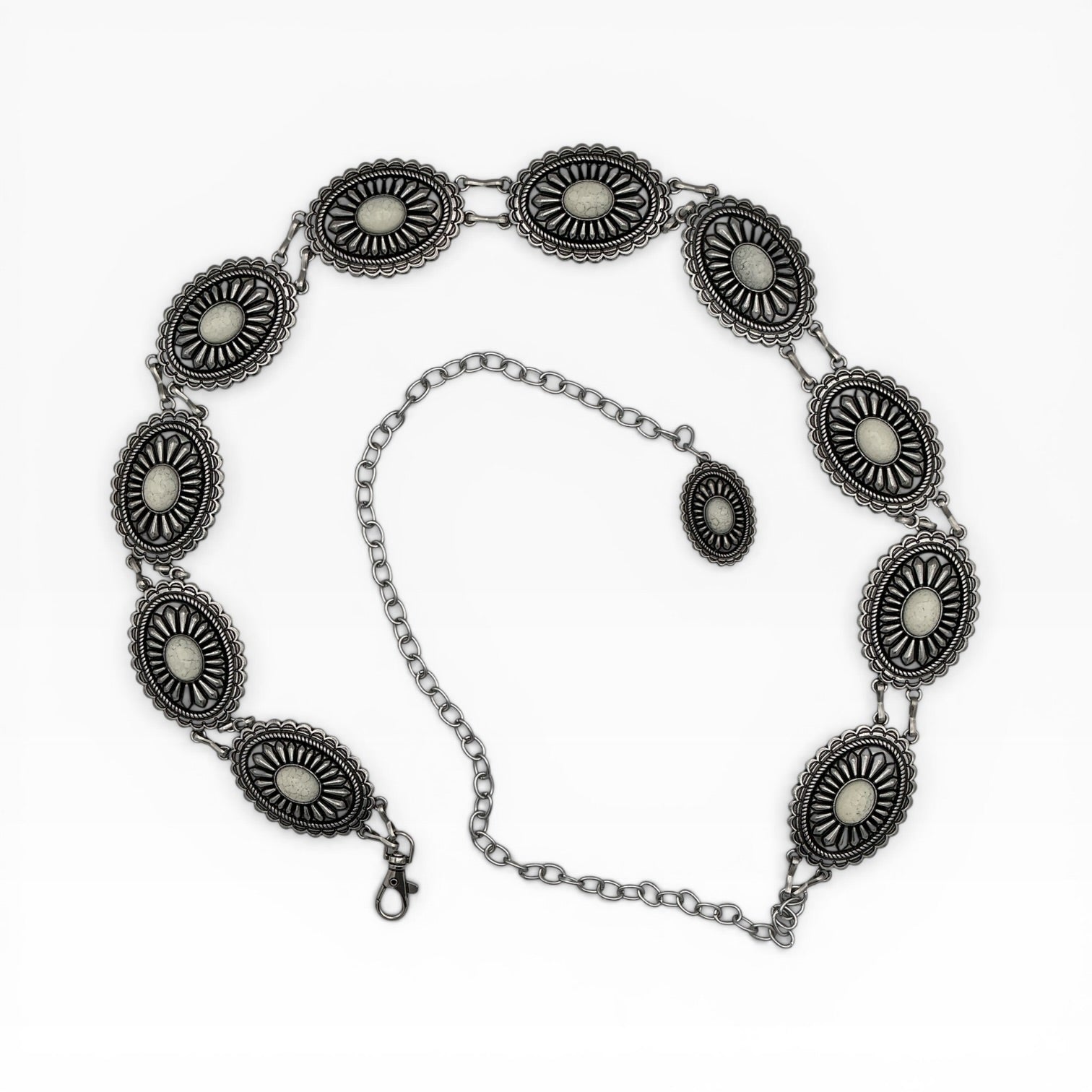 Silver Oval Concho Chain Belt with creamy white center stones, sunburst, and rope-edge engraving.