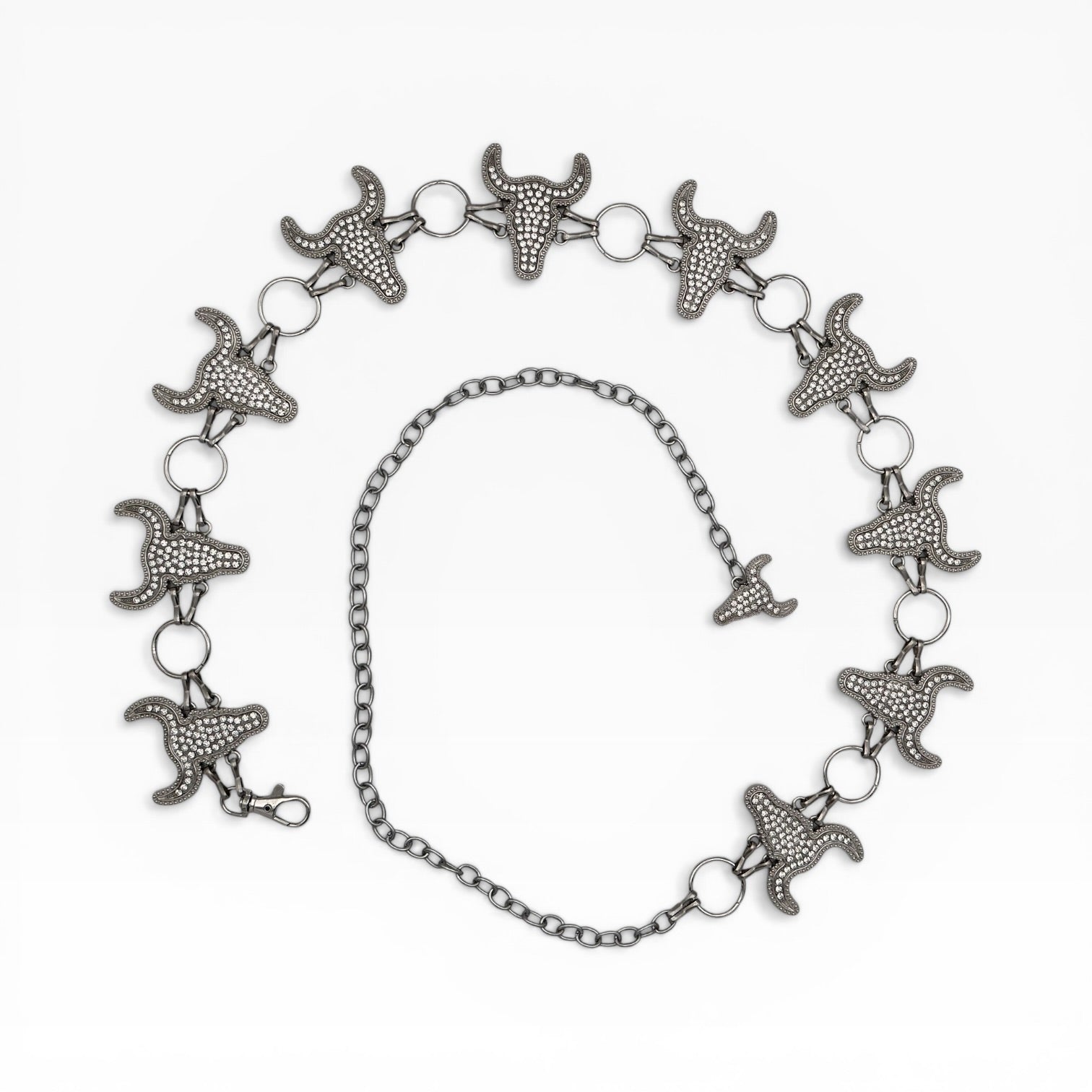 Smoke Silver rhinestone longhorn skull concho chain belt with alternating longhorn charms.